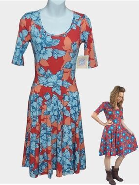 NWT LuLaRoe Nicole Midi Dress with Blue And Orange Floral Print sz XS
